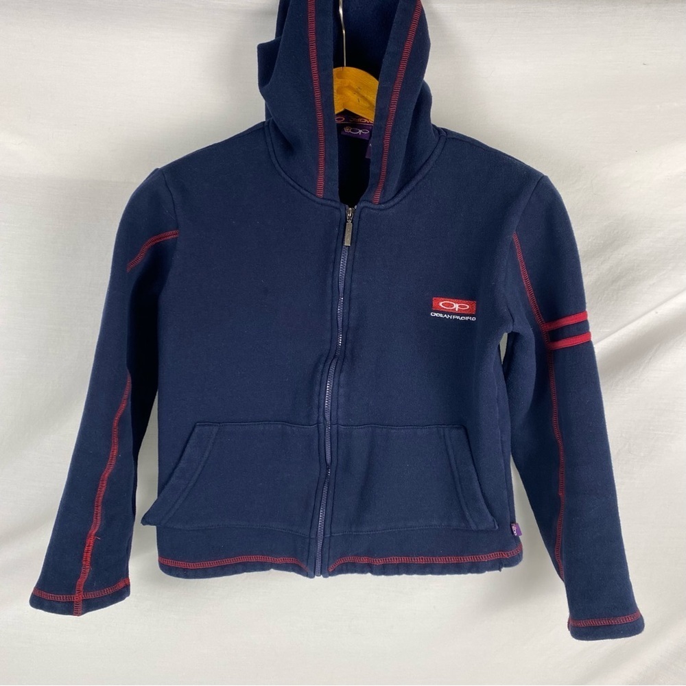 VTG 80s 90s Embroidered Ocean Pacific full zip navy blue youth hoodie small OP